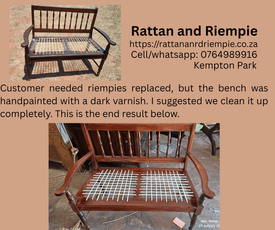 At Rattan and Riempie we don't just slap riempies onto a seat. It leaves here as work done by Rattan and Riempie, so it needs to be perfect. Looking at it on arrival, I saw it was given a coat of varnish with a brush... I suggested we redo the whole bench and the result was an almost brand new bench.